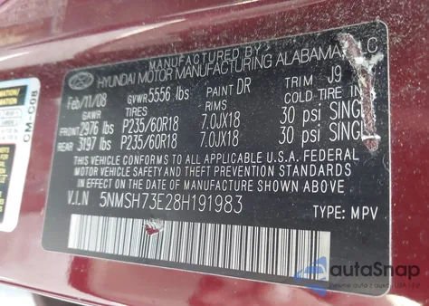 2008 Hyundai Santa Fe Limited/Se z USA, uszkodzony, nr VIN 5NMSH73E28H191983